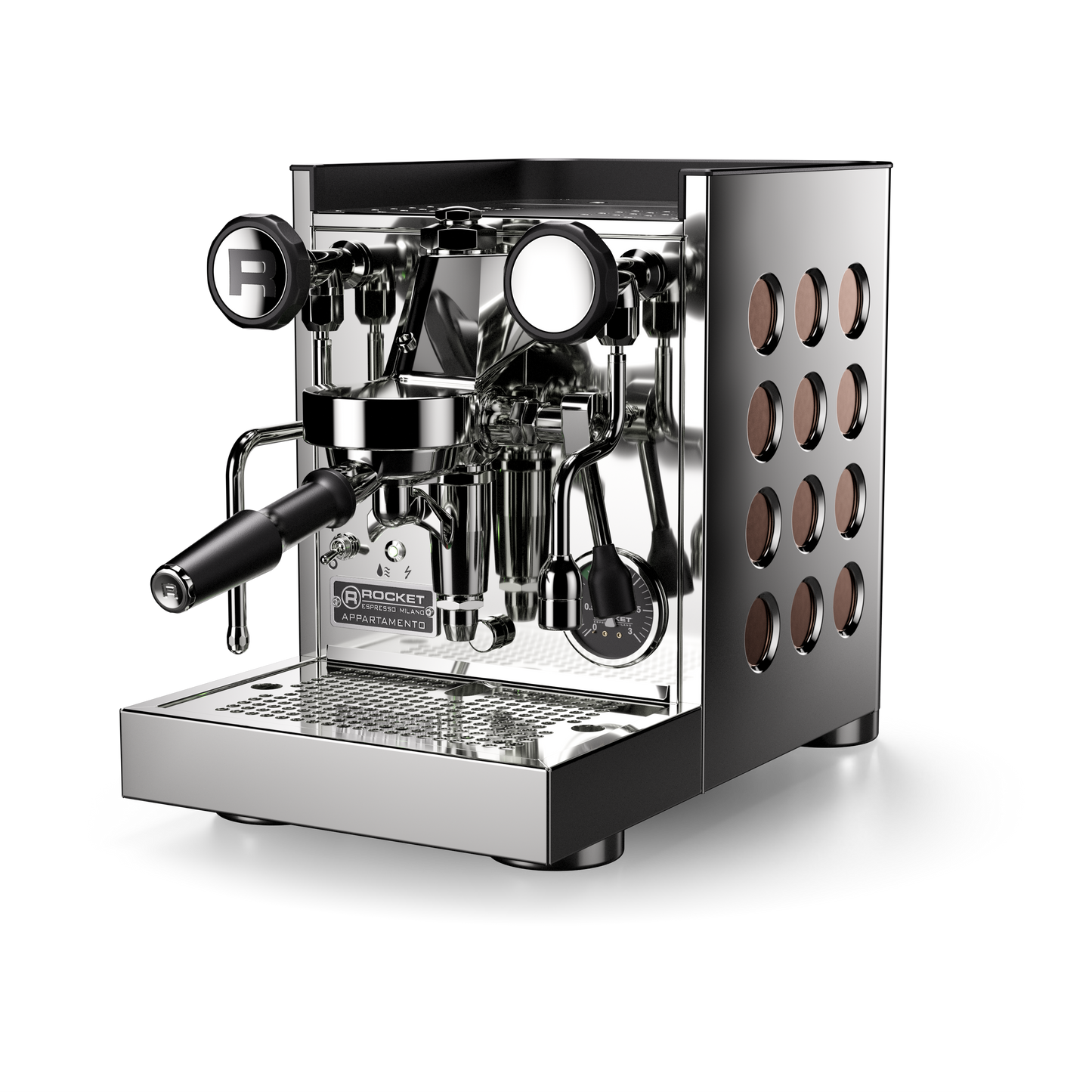 Chrome Copper Rocket Espresso Appartamento TCA Front view at official Rocket dealer FREKKO