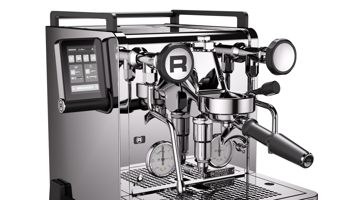 Rocket Espresso R58 Tune Espresso machine Chrome TCA Brew Group Close up