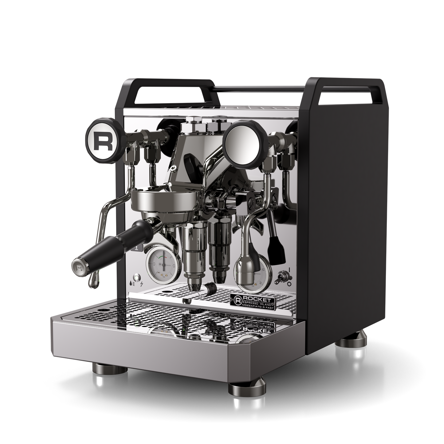 rocket espresso mozzafiato r fast black chrome espresso machine side shot FREKKO coffee