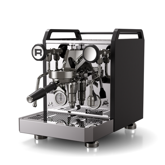 rocket espresso mozzafiato r fast black chrome espresso machine side shot FREKKO coffee